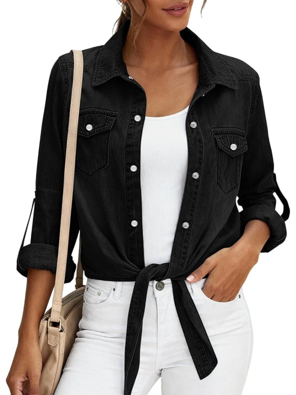 〽️Women's Black Denim Button Down Shirt Tie Front Cropped Jean Cardigan Top